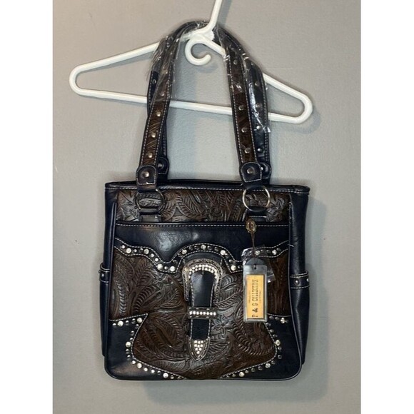 P & G Collections Western Style Brown Leather Purse w/Metal & Faux Diamond Studs - Picture 2 of 10